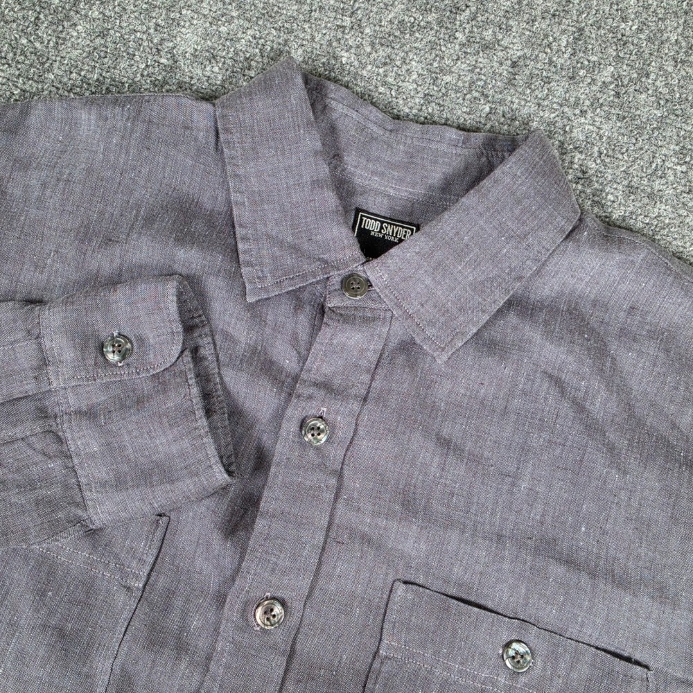 Todd Snyder Button Down Shirt Mens L Gray 100% Linen Long Sleeve Utility Pocket